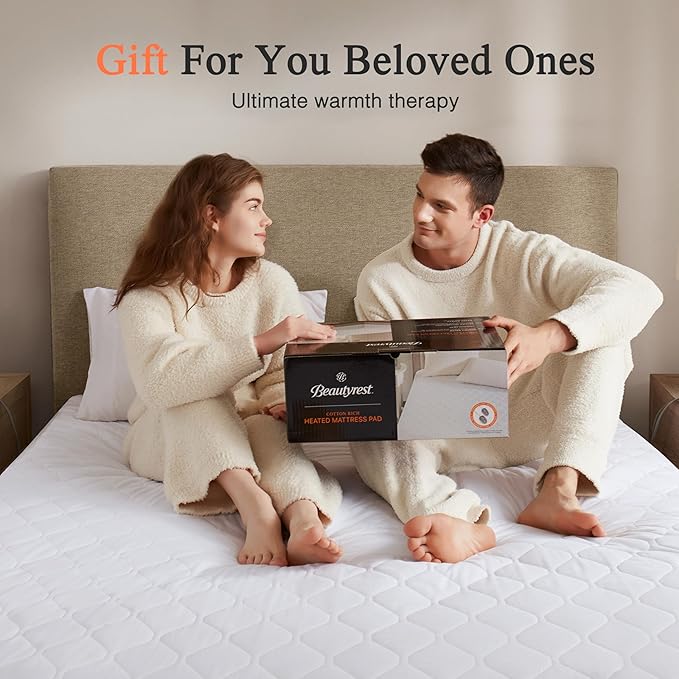 Beautyrest Cotton Blend Heated Mattress Pad Secure Comfort Technology - Luxury Quilted Electric Mattress Pad with Deep Pocket - 5-Setting Heat Controllers, Queen, White