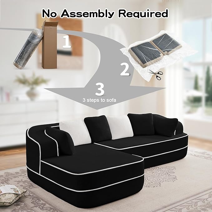 Cloud Sectional Sofa Modern Boneless Couch for Living Room, Comfy Deep Seat Comfy Teddy Fabric Double Sofa Chaise No Assembly Required (Black, 106" L Shape with Left Facing)