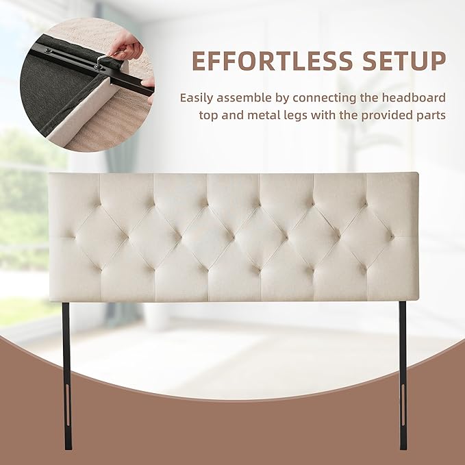 Linen Upholstered Headboard King Size, Modern Diamond Tufting Solid Wood California King Headboard Only, Adjustable Height from 37” to 51” Head Board, Bed Frame or Wall Mount Headboards, Beige