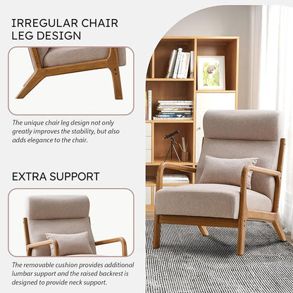Accent Chair Mid Century Modern Chair Linen Fabric Living Room Chairs with Solid Wood Frame Comfy Upholstered and Lumbar Pillow Reading Side Chair Easy Assembly for Bedroom (1, Beige)