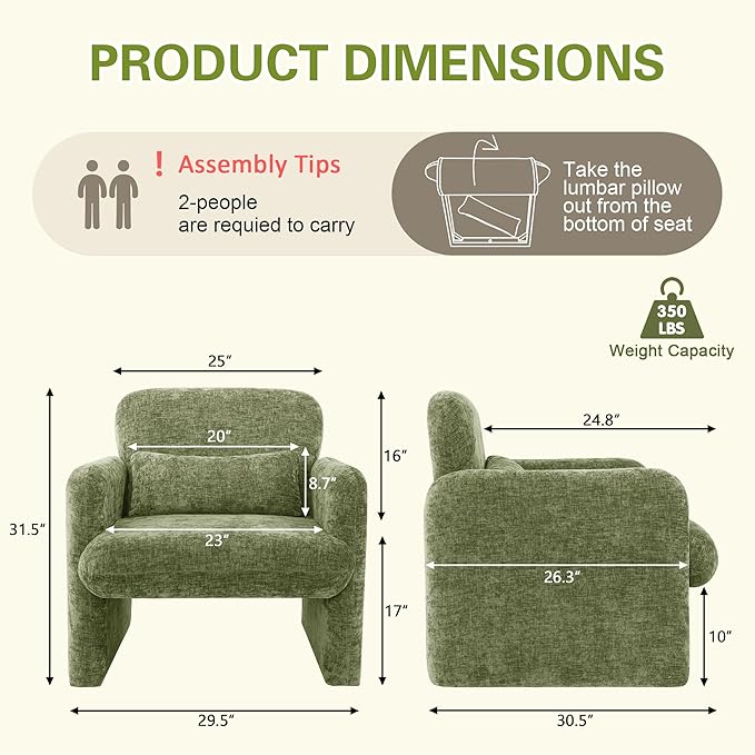 LSSPAID Modern Accent Chairs, Chenille Fabric Armchairs for Living Room, Comfy Upholstered Leisure Single Sofa Chair with Lumbar Pillow for Bedroom, Balcony, Office (Green, Set of 1)