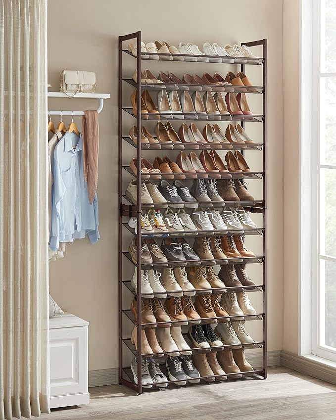 SONGMICS Shoe Rack, 12-Tier Shoe Organizer, Metal Rack for Garage, Set of 2, 6-Tier Stackable Shelf, with Adjustable Flat or Angled Shelves, Holds 48-60 Pairs, Bronze ULMR12A