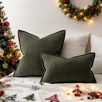 a moment Christmas Linen Pillow Covers Set of 2,Boho Farmhouse Throw Pillowcases Neutral Textured Decorative Covers for Couch Sofa,Soft Linen Blend Accent Case Cushion Home Decor 26"x26"Dark Green
