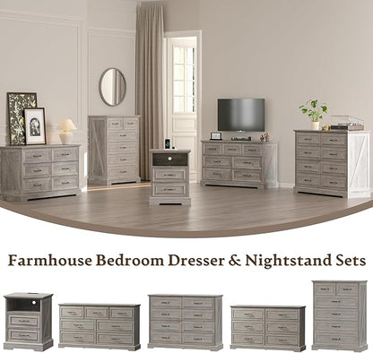 Farmhouse 6 Drawers Dresser for Bedroom, 43" Tall Wood Chest of Drawers with Deep Drawers & Bar Handles, Modern Dresser TV Stand, Rustic Wooden Closet Storage Organizer for Living Room, Hallway, Grey