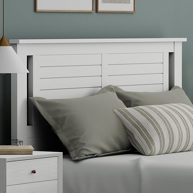 Serene Poplar Wood Queen Size Headboard in White, Modern Farmhouse Panel with Horizontal Scoring, Casual Coastal Style, Easy Assembly, Quality Materials
