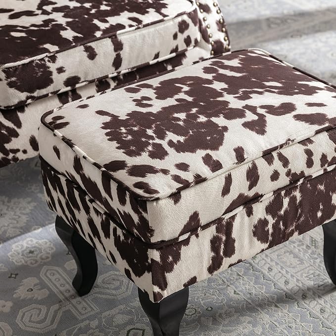 chairus Mid-Century Modern Accent Chairs with Ottoman Set of 2, Comfy Velvet Single Sofa Chair Button Tufted Wingback Armchairs with Pillow for Living Room/Bedroom/Club - Cow