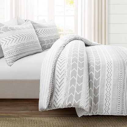 Lush Decor Hygge Geo Reversible 3 Piece Cotton Duvet Set, King, Gray & White