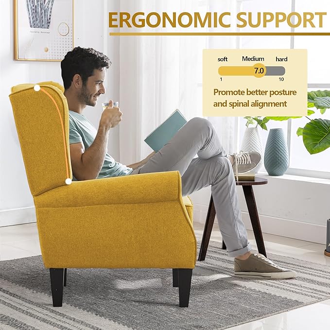 Accent Chairs for Bedroom, Yellow Fabric Classic Highback Reading Chairs, Elegant Farmhouse Single Couch Sofa with Wing Back, Modern Living Room Upholstered Armchair