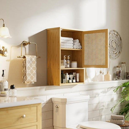 Bathroom Wall Cabinet, Bamboo Over-The-Toilet Storage Organizer with Rattan Doors and Adjustable Shelf, Space Saver Medicine Cabinet for Laundry, Kitchen, Living Room (Natural)