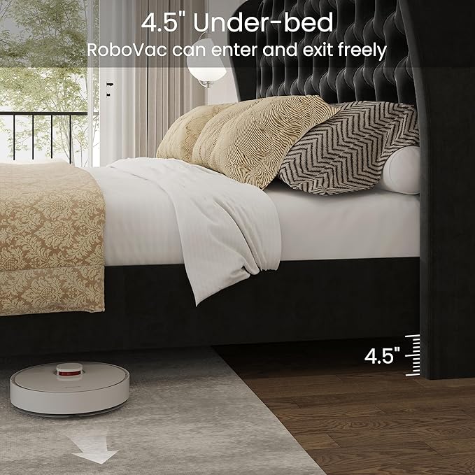 LARMACE Queen Size Bed Frame Velvet Upholstered Platform Bed with Wingback Headboard & Footbaord, Deep Button Tufted Bed Frame with Wood Slats Support, No Box Spring Needed, Black