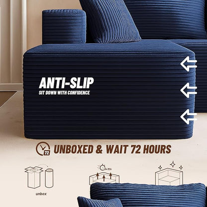 138" Boneless Couch with Deep Seat, Modular Sectional Sofa, Cloud Sectional Couch for Living Room, No Assembly Required, Corduroy, U-Shape 4 Seater Right, Blue