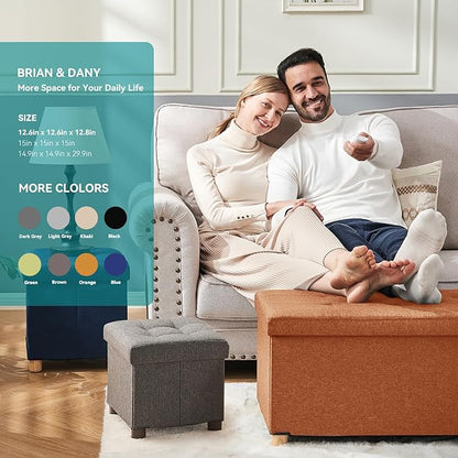 BRIAN & DANY Ottoman with Storage, Small Storage Ottoman for Dorm, Linen Folding Ottoman Foot Stool with Legs for Living Room and Bedroom, 15"x15"x15" - Orange
