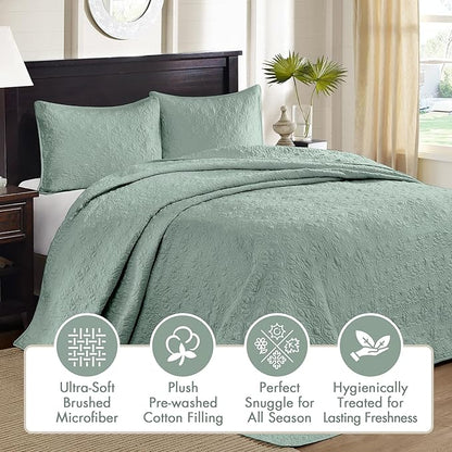 Madison Park Quebec Reversible Quilt Set Damask Design, Double Sided Stitching All Season, Lightweight Bedspread Bedding Set, Matching Sham, Seafoam, Twin(81"x110") 2 Piece