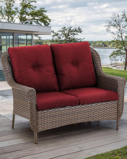 Patio Loveseat Outdoor Wicker Sofa - Heavy Duty All-Weather Brown Rattan 2-Person Sofas with High Back and Comfortable Thick Cushions for Garden Back Porch Poolside Apartment - Red