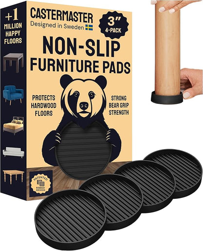 CasterMaster Non Slip Furniture Pads for Hardwood Floors - 3x3 Black Round Caster Cups - Rubber Feet for Furniture - Anti Slip Couch Stoppers to Prevent Sliding - Floor Protectors (Set of 4)
