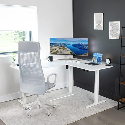 VIVO Corner Standing Desk, 63 x 55 inch Reversible L-Shaped Workstation, Electric Height Adjustment, Home, Office, and Reception Rooms, White Table Top White Frame, DESK-E3CTW