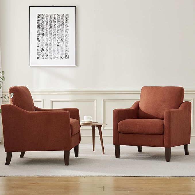 VKNOW Mid Century Modern Accent Chairs Set of 2, Upholstered Living Room Chairs Armchair for Bedroom, Comfy Reading Accent Chairs with Wood Legs for Living Room, Orange