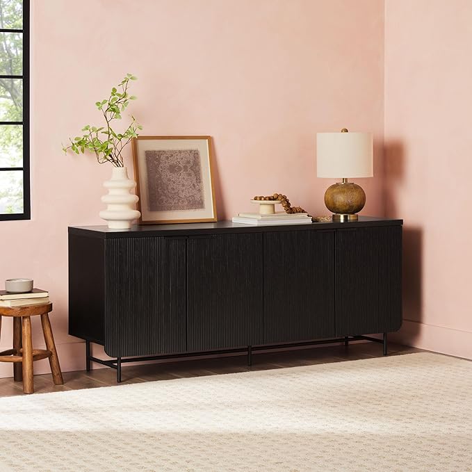 Walker Edison Reema Fluted 4-Door Kitchen Sideboard Buffet Console, 69 Inch, Black