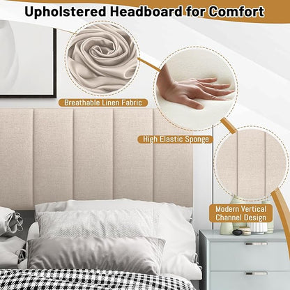 KOMFOTT Linen Upholstered Headboard for Full & Queen Size Bed, Vertical Channel Tufted Rectangular Headboard with Solid Wood Legs & Adjustable Width, Padded Bed Backboard, Easy Assembly, Beige