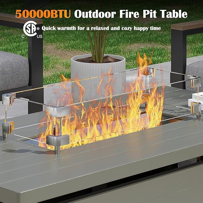 Sundale Outdoor 5 Pieces Patio Furniture Set with Fire Pit Table, Metal Outdoor Sectional Sofa with 6 Inch Olefin Cushion, All-Weather Modern Outdoor Conversation Sets (4 Seats,Green Frame)