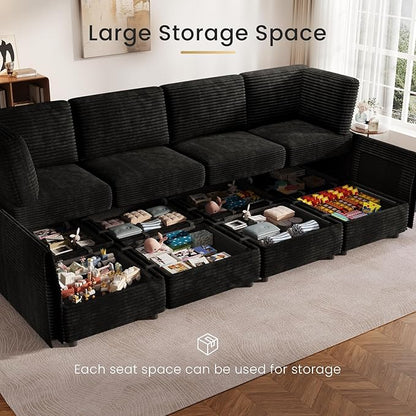KKL Modular Sectional Sofa L-Shaped 4 Seater Couch with Storage Ottoman, Plush Wide-Wale Corduroy Couch for Living Room, Apartment, Modern Design, Black