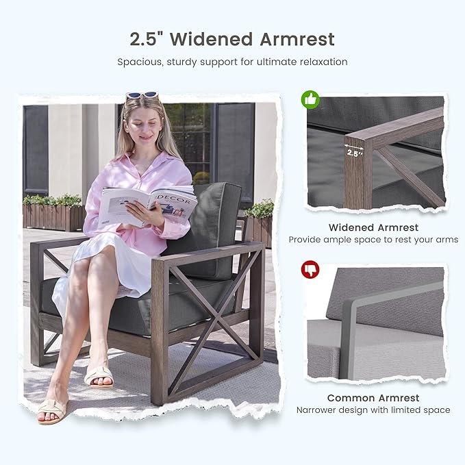 UDPATIO Aluminum Patio Furniture Set, 4 Piece Faux Wood Outdoor Patio Sets with Coffee Table, Metal Patio Furniture Set Modern Outdoor Sectional for Deck Porch Patio, Dark Grey