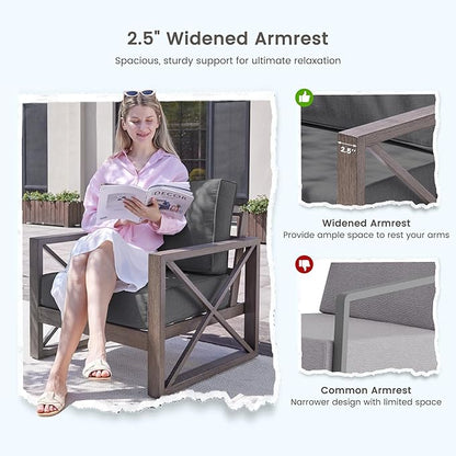 UDPATIO 6 Piece Aluminum Patio Furniture Set 7 Seats Modern Outdoor Furniture Faux Wood Grain Patio Conversation Sets with Olefin Fabric Thick Cushions, 600D Waterproof Cover Included, Dark Grey