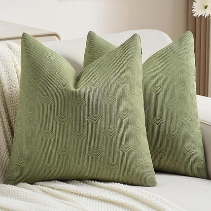 FUTEI Moss Green Chenille Decorative Throw Pillow Covers 26x26 Inch Set of 2,Soft Cozy Striped Geometric Patterns Euro Pillow Sham,Modern Home Decor for Couch Bed Living Room