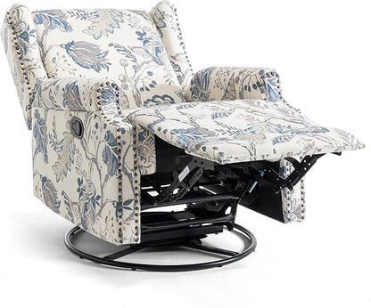UIXE Swivel Rocker Manual Recliner Chairs Set of 2, Wingback Swivel Glider Fabric Nursery Reclining Sofa Chair, High Back Upholstered Arm Chair for Living Room Bedroom - Blue Plants