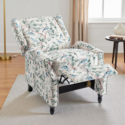 UIXE Pushback Floral Recliner Chair, Fabric Upholstered Armchair Push Back Accent Chair for Living Room, Rivet Trim Club Chair Home Theater Single Sofa Bedroom Reading Seat - Bird