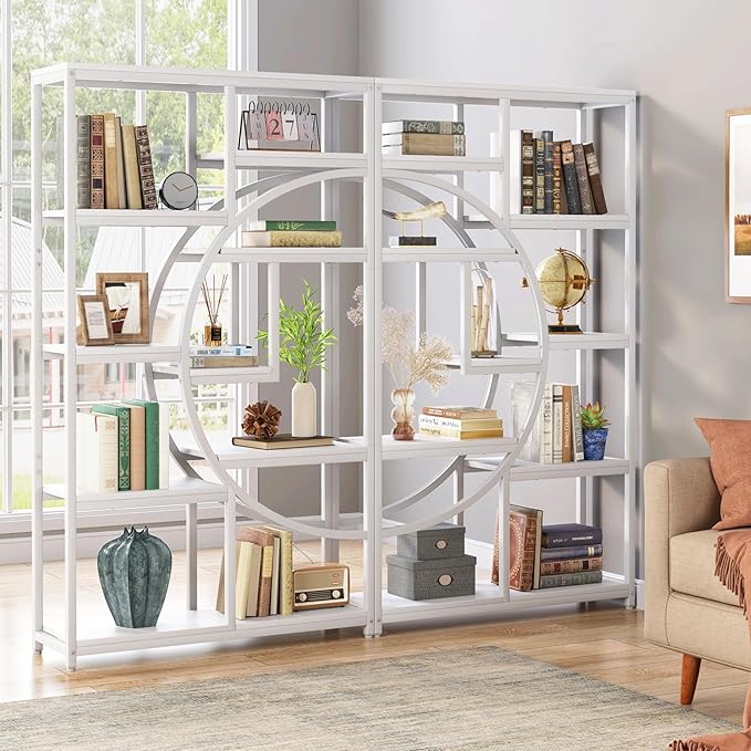 Tribesigns Bookshelf Industrial 5 Tier Etagere Bookcase, Freestanding Tall Bookshelves Display Shelf Storage Organizer with 9-Open Storage Shelf for Living Room, Bedroom (White, 2 Pack)