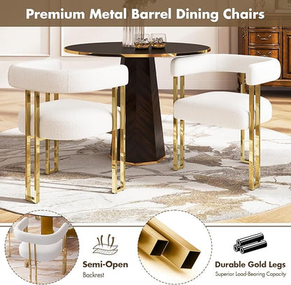 Set of 2 Modern White Boucle Dining Chairs with Gold Metal Legs, Mid Century Accent Upholstered Barrel Armchairs with Open-Back for Kitchen, Dining Room, Living Room, Apartment