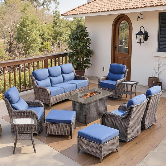 Belord Luxury 6" Thick Cushioned 10 Pieces Patio Furniture Set with Fire Pit Table, Wicker Outdoor Conversation Set with High Back Swivel Rocker Chairs for Deck Porch Yard and Poolside - Brown+Blue