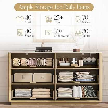 Fluted 6 Drawers Dresser with Charging Station, 55" Wide Modern Chest of Drawers with Faux Marble Top, Wooden Dresser TV Stand, Wood Drawer Organizer for Bedroom, Living Room, Hallway, Natural Oak