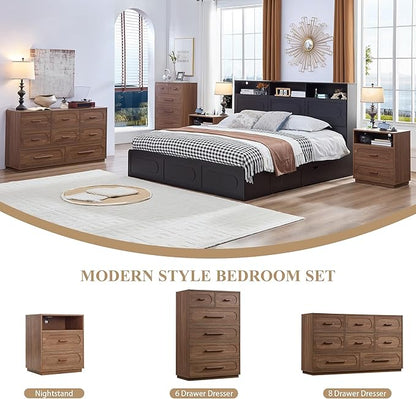 Modern 8 Drawer Dresser for Bedroom, 54" Wide Dressers & Chest of Drawers w/Solid Wood Handle, Wood Mid Century Closet Organizers and Storage Cabinet for Bedroom, Living Room, Hallway, Walnut