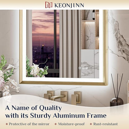 Keonjinn Gold LED Bathroom Mirror 48 x 30 Inch, Frontlit & Backlit Mirror with Metal Framed,Vanity Mirror with Stepless 3 Colors Lights, Anti Fog, UL-Listed LED Driver, HD Tempered Glass