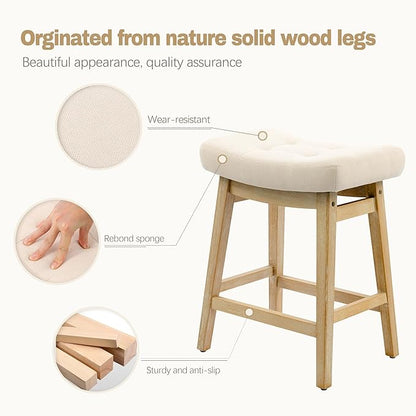 Counter Height Bar Stools Set of 6 for Kitchen Counter Farmhouse Modern Barstools with Upholstered Fabric Backless Seat and Solid Wood Legs 24 inch Bar Chairs, Khaki + Wood Color