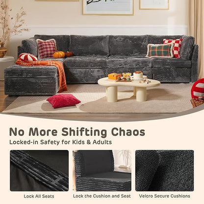 130" Modular Sofa with Swivel Chair & Ottoman, Modern Cloud Sectional Couch Plush Corduroy 5 Seater Deep Seat Sofas Set & Accent Armchair for Living Room, Gray