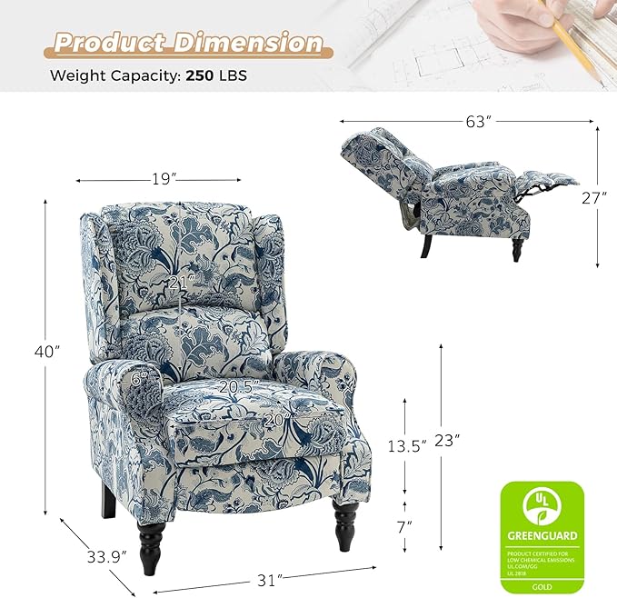 HULALA HOME Upholstered Wingback Recliner Chair Set of 2, Small Adjustable Footrest Push Back Single Reclining Sofa, Mid Century Modern Lounge Armchair for Living Room, Bedroom, Reading/Jacobean