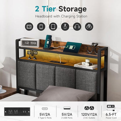 Z-hom Twin Bed Frames, Twin Bed Frame with 2-Tier Storage Upholstered Headboard, Metal Platform with USB Charging Station & LED Lights, Noise Free, No Box Spring Needed, Easy Assembly, Vintage Brown