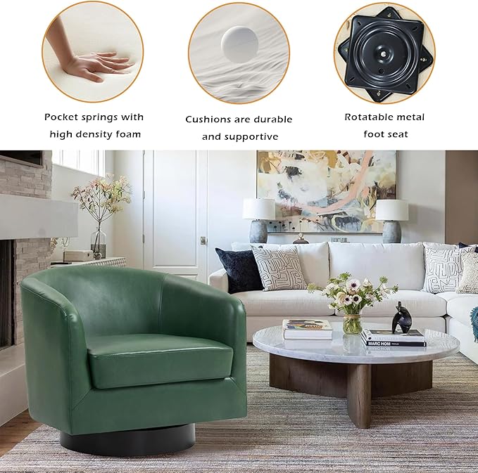 Lumibee Swivel Accent Chairs Set of 2, Faux Leather Swivel Barrel Chairs for Living Room, Modern Comfy Upholstered Round Armchairs Single Sofa Chairs for Bedroom, Club-Green