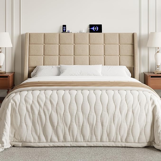 Queen Size Headboard with Charging Station, Ergonomic Upholstered Linen Headboards Only, Wingback Wood Bed Head Board with Storage Pocket, Bed Frame Adapters, Beige