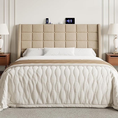 Queen Size Headboard with Charging Station, Ergonomic Upholstered Linen Headboards Only, Wingback Wood Bed Head Board with Storage Pocket, Bed Frame Adapters, Beige