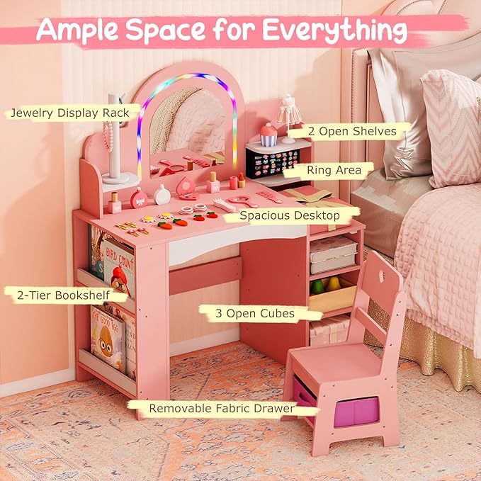 Costzon Kids Vanity, Girls Vanity Set with Lighted Mirror, Bookshelf, Jewelry Storage, Toddler Makeup Vanity Desk Dressing Table, Wooden Kids Vanity Table and Chair Set (Pink)