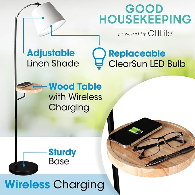 OttLite Good Housekeeping Shaded Modern LED Floor Lamp for Bedroom with Tray, Wireless Charging Table, Designed to Reduce Eyestrain, Adjustable Shade, ClearSun LED Bulb, Reading Light & Studying Lamp