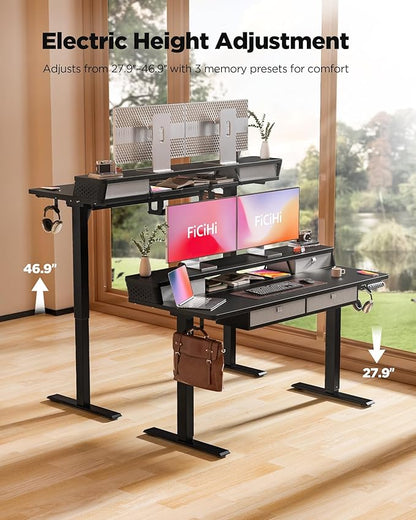 FiCiHi Adjustable Height Standing Desk with 4 Drawers,55 x 24 inches Electric Sit Stand Home Office Desk with Two Tiers, 3 Memory Presets, Monitor Stand Riser