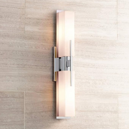 Possini Euro Design Midtown Modern Wall Lights Set of 2 Chrome Silver Metal Hardwired 4 1/2" Fixture White Glass Rectangular Shade for Bedroom Bathroom Vanity Living Room Home Hallway Dining House