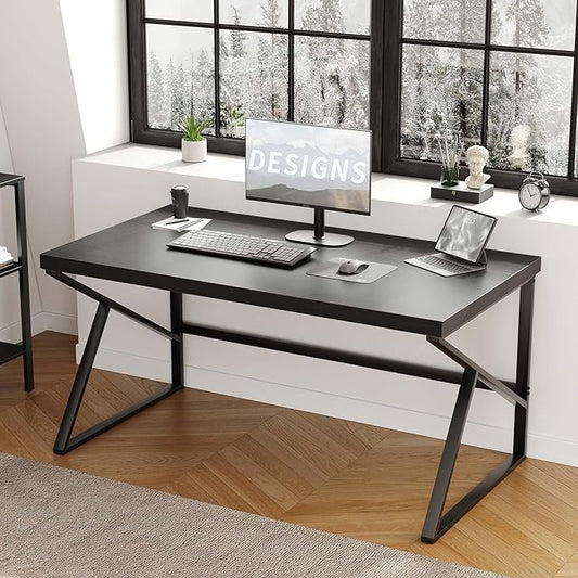 HSH Black Desk, Modern Industrial Home Office Computer Desk, Laptop PC Desk for Student Work Writing Study Gaming, Simple Metal and Wooden Computer Table in Bedroom Living Room Workstation, 55 Inch