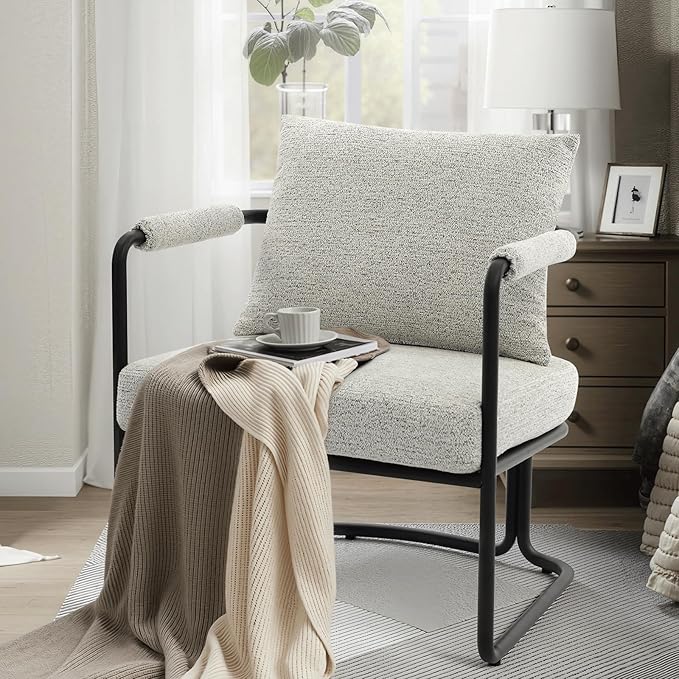Accent Chairs Set of 2 for Living Room, Mid Century Modern Upholstered Reading Armchairs for Bedroom, Office, with Comfy Chenille Cushion & Metal Frame, Light Grey