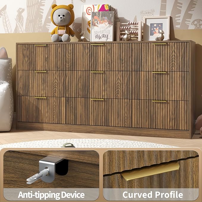 Fluted Wood Dresser for Bedroom,63” Wide 9 Drawer Dresser Mid Century Chest of Drawers Wooden with Gold Handles,Dressers TV Stand Storage Organizer for Closet,Bedroom,Living Room, Walnut